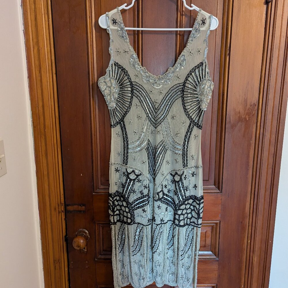 Unique Vintage 1920's Cream & Black heavily beaded drop waisted gown